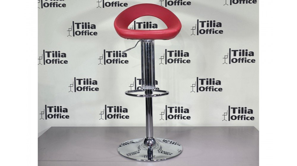 Tilia Zeus modern bar sandalyesi, kırmızı suni deri döşeme ve parlak krom disk ayaklı.